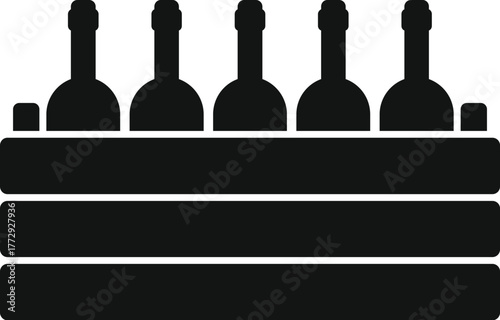 Five sealed wine bottles standing upright inside a wooden crate, ready for transport, storage, or sale