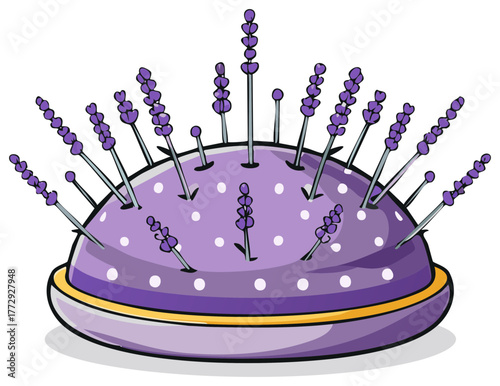 Lavender flower pins in a purple polka dot sewing pincushion illustration