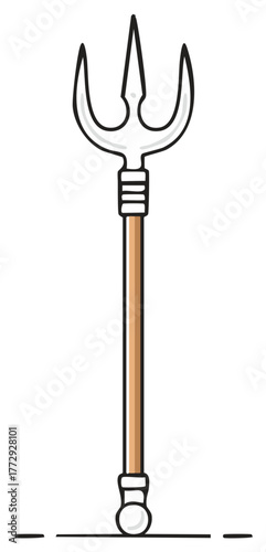 Hand-drawn illustration of a silver trident with wooden shaft isolated on a white background