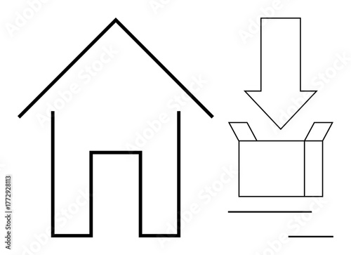 House outline beside open box and downward arrow representing relocation, storage, organization, delivery, packaging, shipment. Ideal for home logistics, minimalistic designs, simple flat metaphor