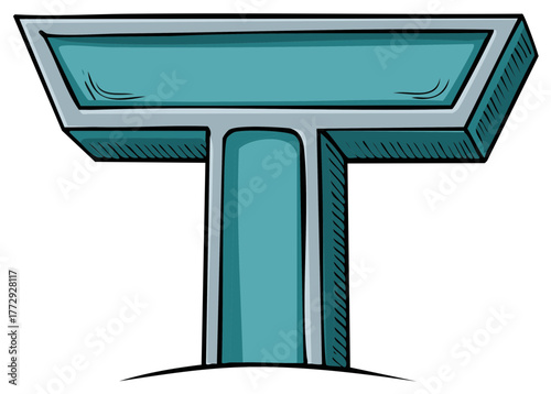 A hand drawn 3D capital letter T in a bold blue and grey block style
