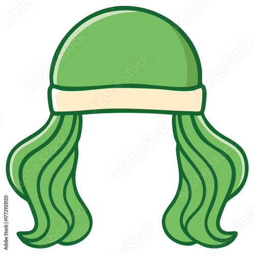 Green wig with a cream-colored headband, cartoonish vector illustration