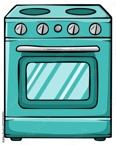 Cartoon electric oven with knobs and glass door in turquoise color for kitchen cooking