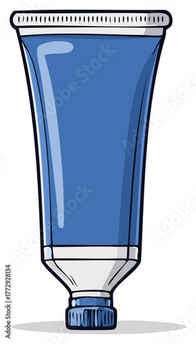 Blue plastic squeeze tube with white cap and white stripe detail isolated on white background