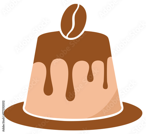 Minimalist coffee flavored pudding with chocolate syrup dripping and a single coffee bean on top