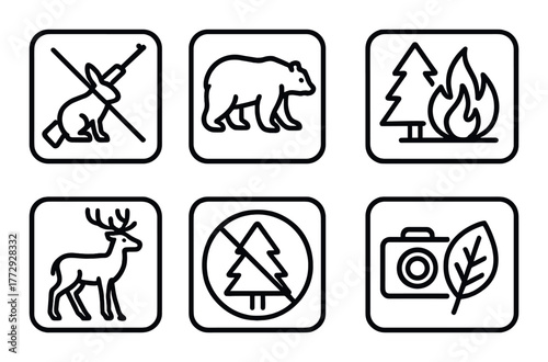 Outdoor safety symbols: wildlife, fire, camera, nature, hiking signs
