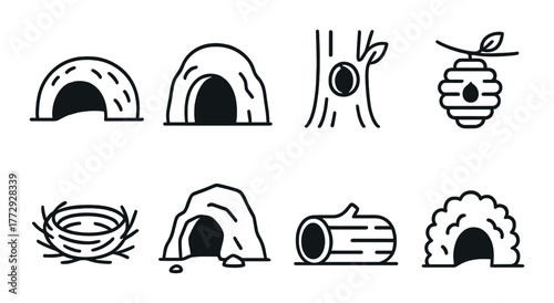 Collection of animal shelters including caves, nests, and hives in simple line art