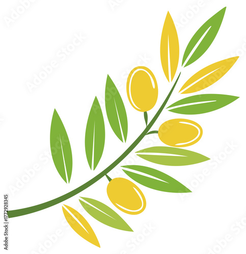 Stylized green olive branch with yellow olives and leaves illustration