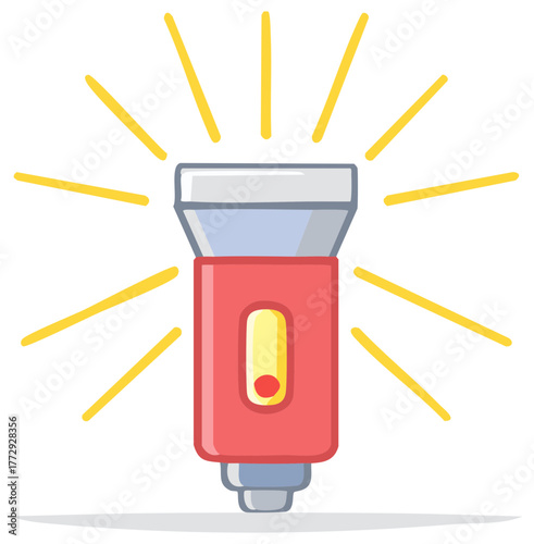 A simple cartoon illustration of a red flashlight turned on and shining with bright yellow light beams