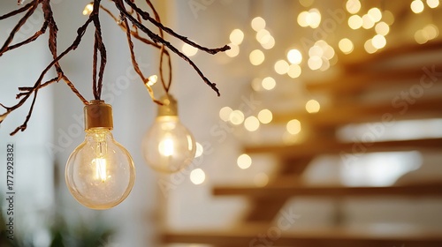 Warm Glow Edison Bulbs Hanging from Twigs with Bokeh Staircase Backdrop.