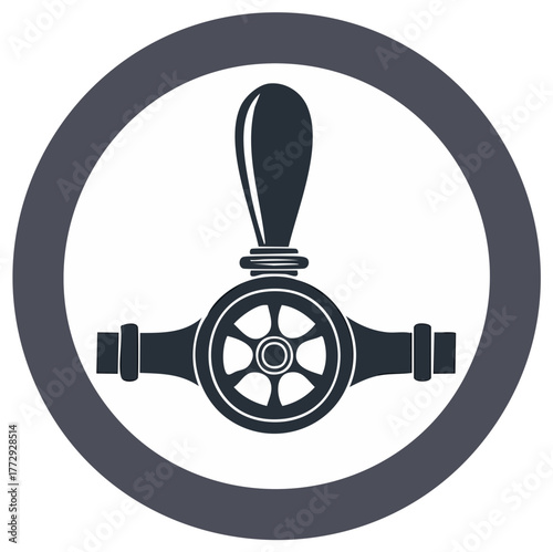 Industrial control valve with wheel and handle in a circular design emblem