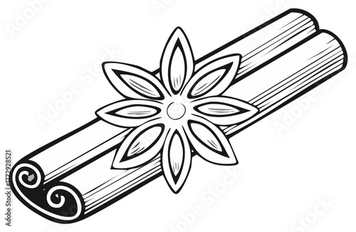 Black and white line art of cinnamon sticks and star anise