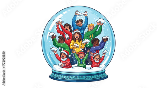 Winter Wonderland Inside the Globe: A cheerful group inside a snow globe, playfully tossing snowflakes. Capturing the magical joy and whimsical charm of winter.