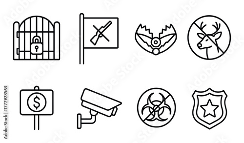 Security icons: surveillance, biohazard, hunting, financial signs