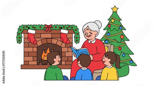 Cozy Christmas Storytime: A grandmother reads a heartwarming tale to a group of children by a crackling fireplace, a Christmas tree adding festive cheer.