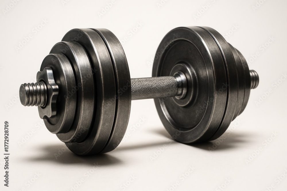 Naklejka premium Adjustable metal dumbbell with textured grip and weighted plates