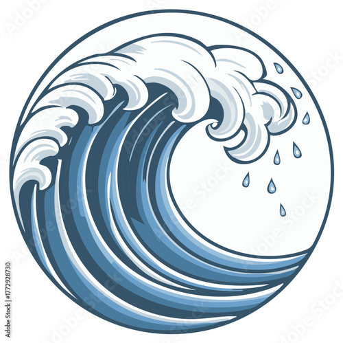 Stylized Ocean Wave Breaking with Spray and Drops Inside a Circle