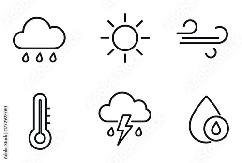 Weather icons set: rain, sun, wind, temperature, storm, humidity