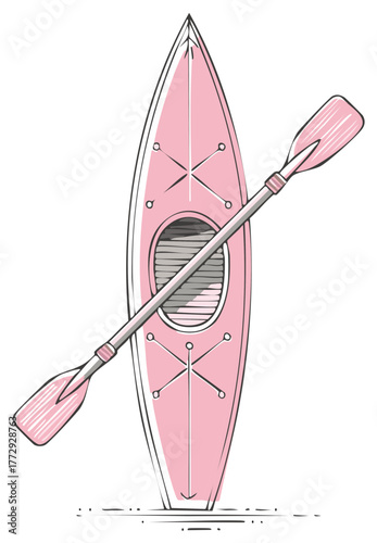 Pink kayak with paddle, recreation activity vector illustration
