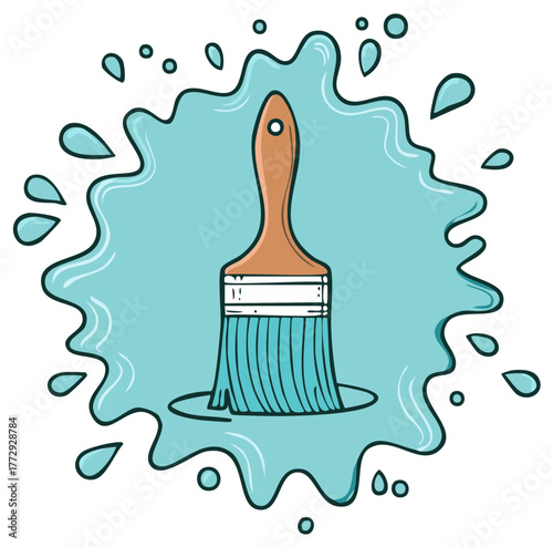 Paintbrush with Blue Paint Splash and Droplets for Artwork and Artistic Projects