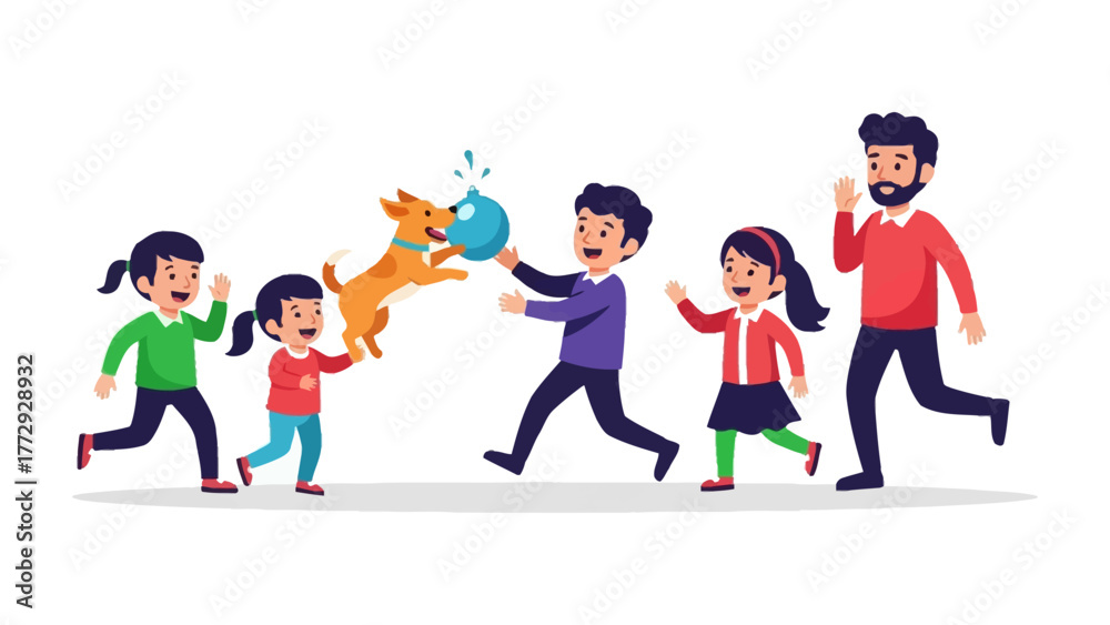 Fototapeta premium Family Fun with a Playful Pup: A lively family engages in a joyous game with their exuberant dog, capturing the essence of togetherness, fun and adventure