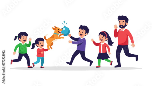 Family Fun with a Playful Pup: A lively family engages in a joyous game with their exuberant dog, capturing the essence of togetherness, fun and adventure