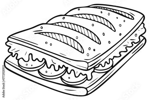 Drawn Sandwich with sliced tomatoes, lettuce and sauce, a black and white illustration