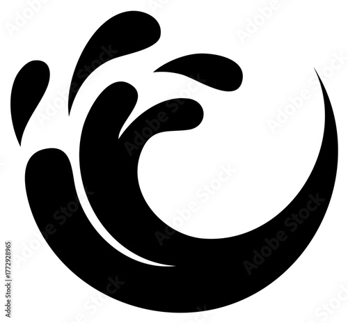 Abstract Graphic of Swirling Wave and Splashes, Black Ink Silhouette