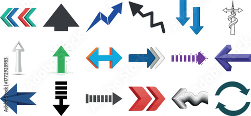 Collection of various arrow icons in different styles, colors, and directions