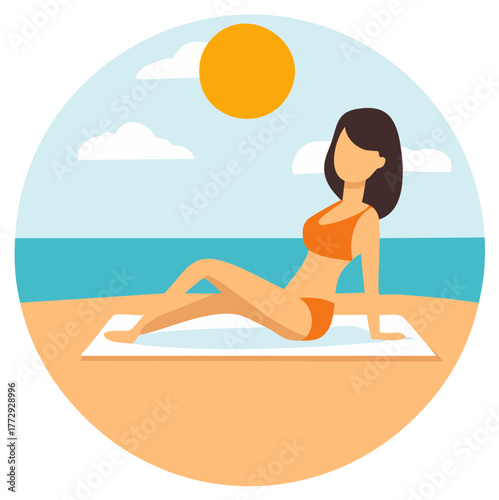 Flat design illustration of a woman in bikini sunbathing on a sunny beach by the sea