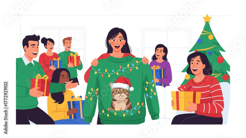 Holiday Cheer: A group joyfully exchanges Christmas presents, centered around a person showcasing a festive sweater. This scene captures the warmth and togetherness of the holidays.