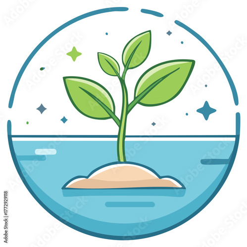 A vibrant green plant growing from a small island surrounded by blue water in a clean environment symbol