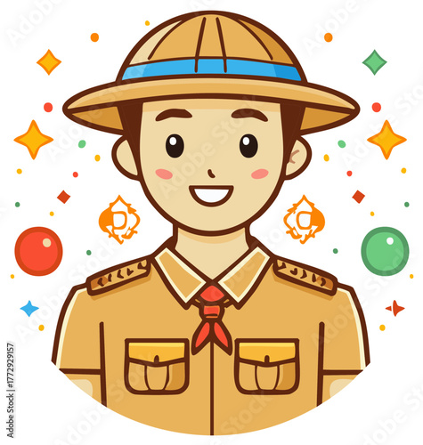 Cartoon boy scout in uniform with hat, scarf, and epaulettes, surrounded by stars, spheres, and confetti