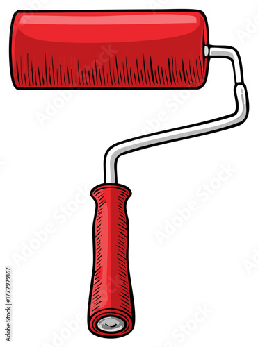 Illustration of a Red Paint Roller Tool with Gray Handle for Painting Walls or Ceilings, Renovation Equipment