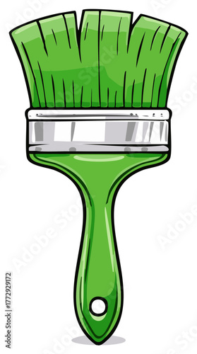 Green paint brush, flat design. Bristles, handle, and ferrule. Illustration for painting, art, home renovation or crafts projects