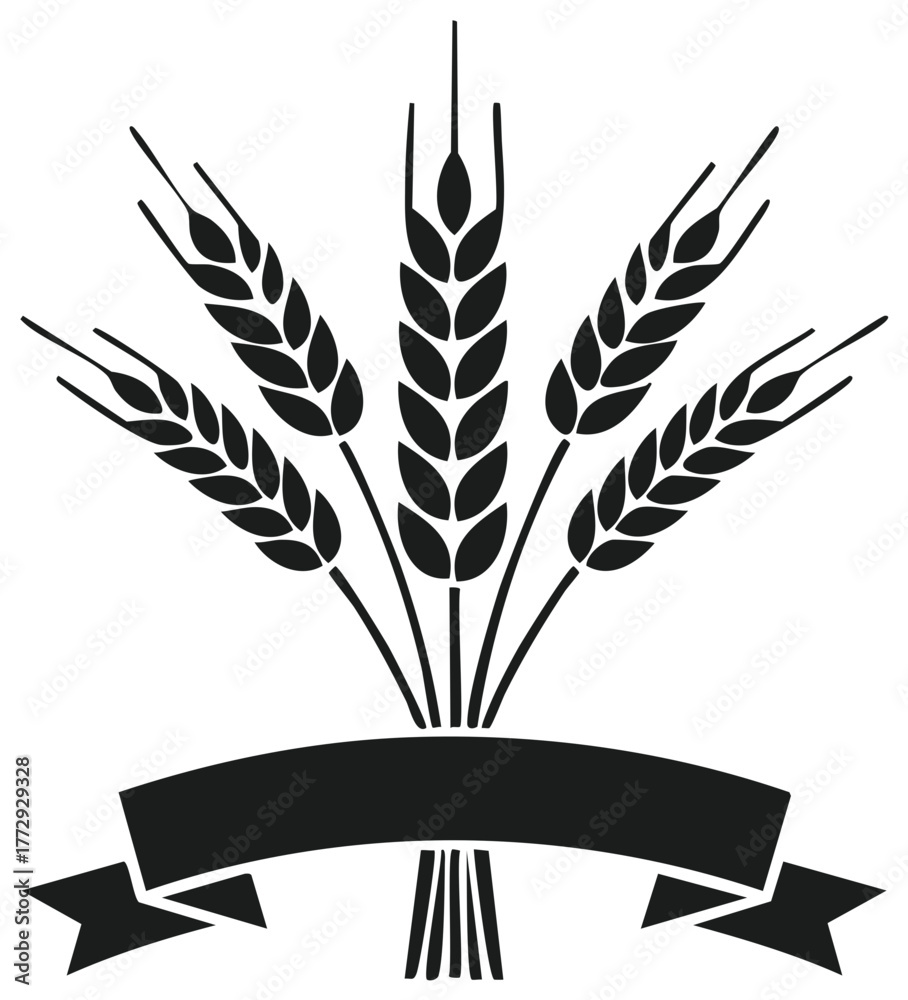 Obraz premium Stylized wheat ears bundle with blank ribbon banner for agriculture bakery food design