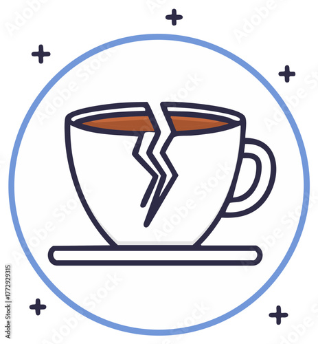 Broken Coffee Cup Icon with Cracked Mug and Spilled Beverage on Saucer