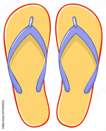 A colorful cartoon illustration of a pair of yellow and purple flip flop sandals for a summer vacation concept