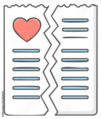 Torn document with heart symbol representing broken relationships and emotional breakup