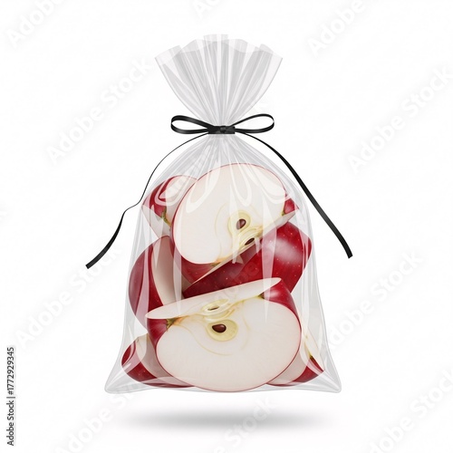 Sliced red apples in a clear plastic bag tied with a black ribbon on a white background studio shot