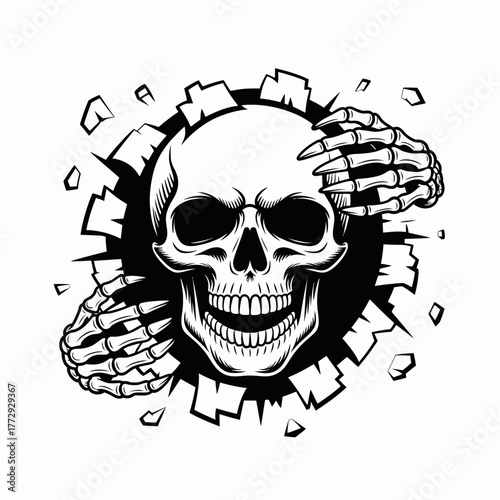 Skeleton hands breaking through a wall revealing a skull