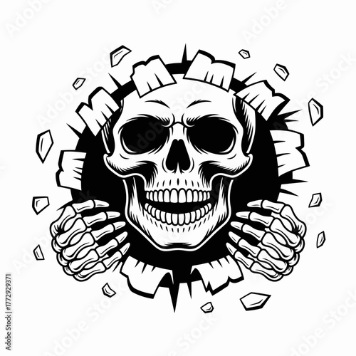 Creepy skull breaking through a black circle with skeleton hands
