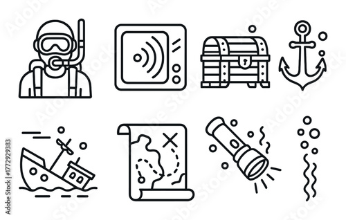 Underwater exploration icons: diver, sonar, treasure chest, anchor, sinking ship, map, flashlight