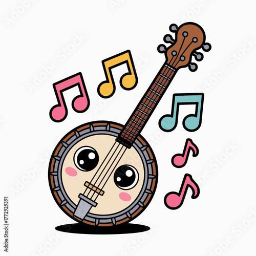 Cute kawaii banjo character with musical notes