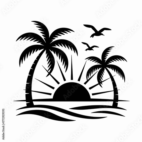 Silhouette of palm trees and sun rising over ocean waves with birds flying