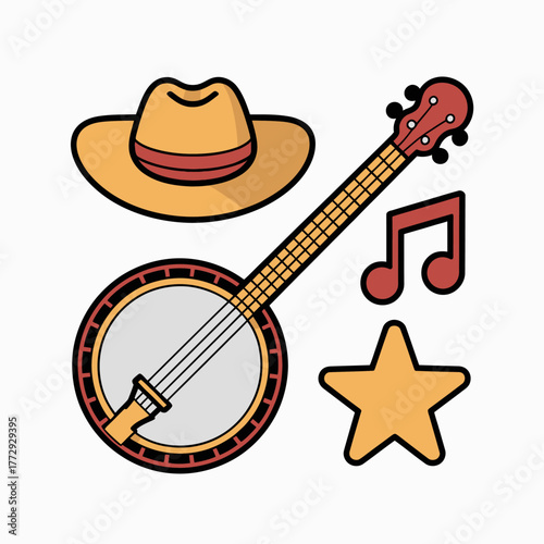 Country music elements cowboy hat banjo musical notes and star