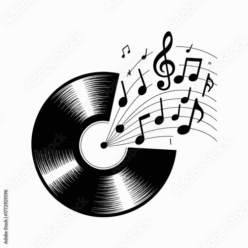 Vinyl record with musical notes emanating from groove