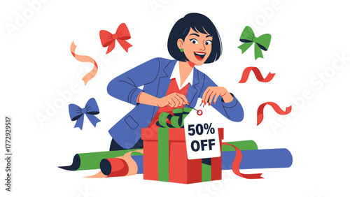Holiday Gift Wrap with discount: A woman enthusiastically unwraps a beautifully wrapped gift box adorned with a decorative bow, revealing a special discount on a holiday offer.