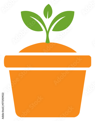 Simple orange pot with green seedling growing from soil illustration