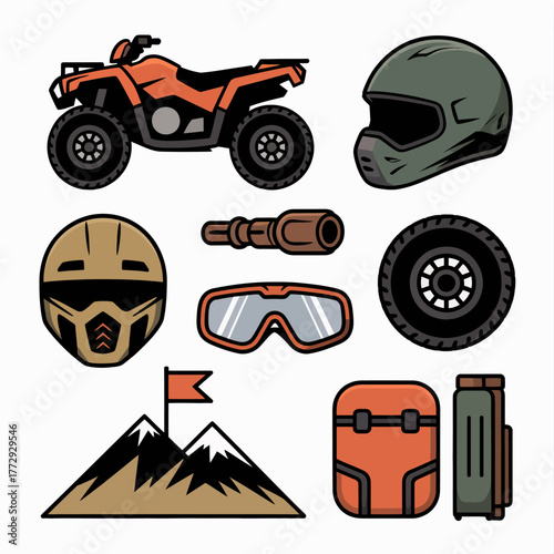 Collection of off road vehicle and adventure gear icons